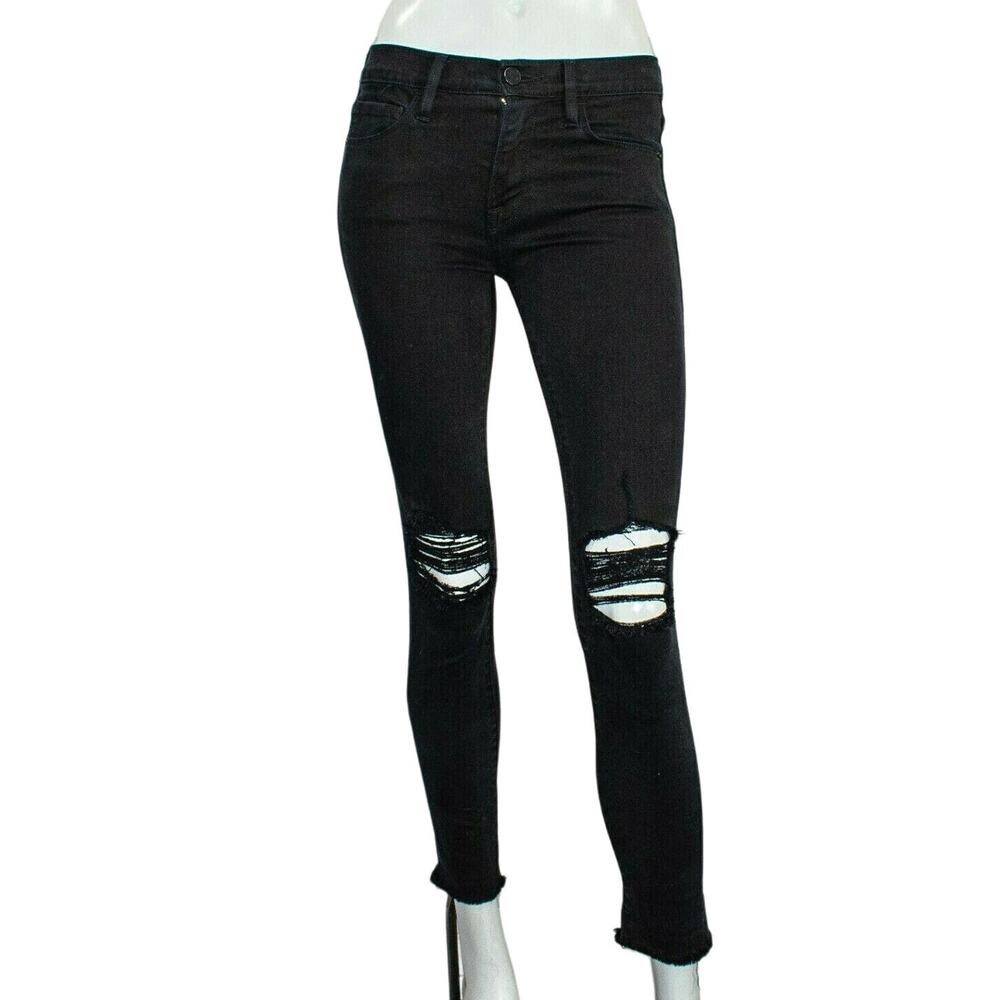 FRAME Denim Women's Le Skinny de Jeanne in Ashland Black Ripped knee sz 24